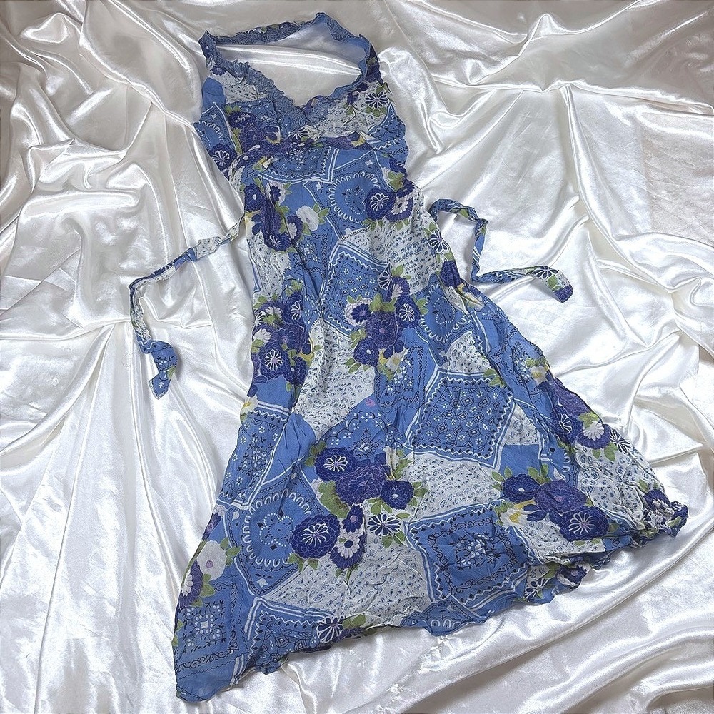 y2k Halter rayon Dress Blue Excellent Patchwork Floral Bandana Lace Trim Angie